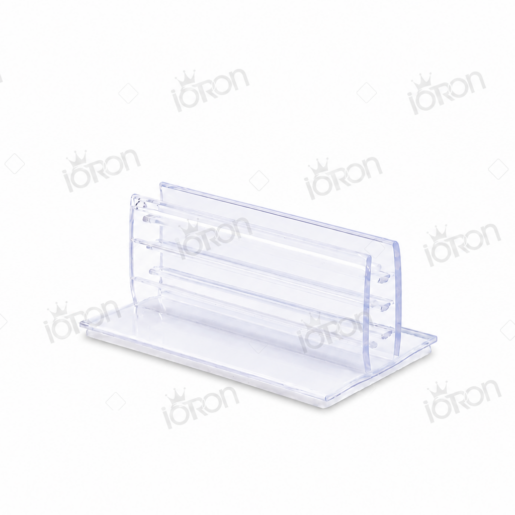 Clear transparent plastic organizer with three horizontal slots on a curved back panel, mounted on a rectangular base.