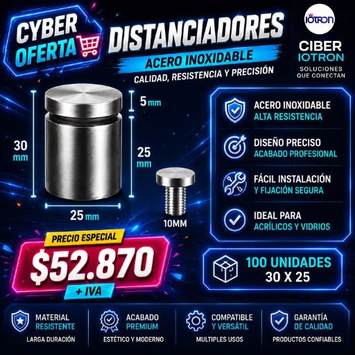 Bright ad banner for stainless steel spacers (distanciadores) with two spacers and neon price tag 52,870 + IVA, in Spanish.