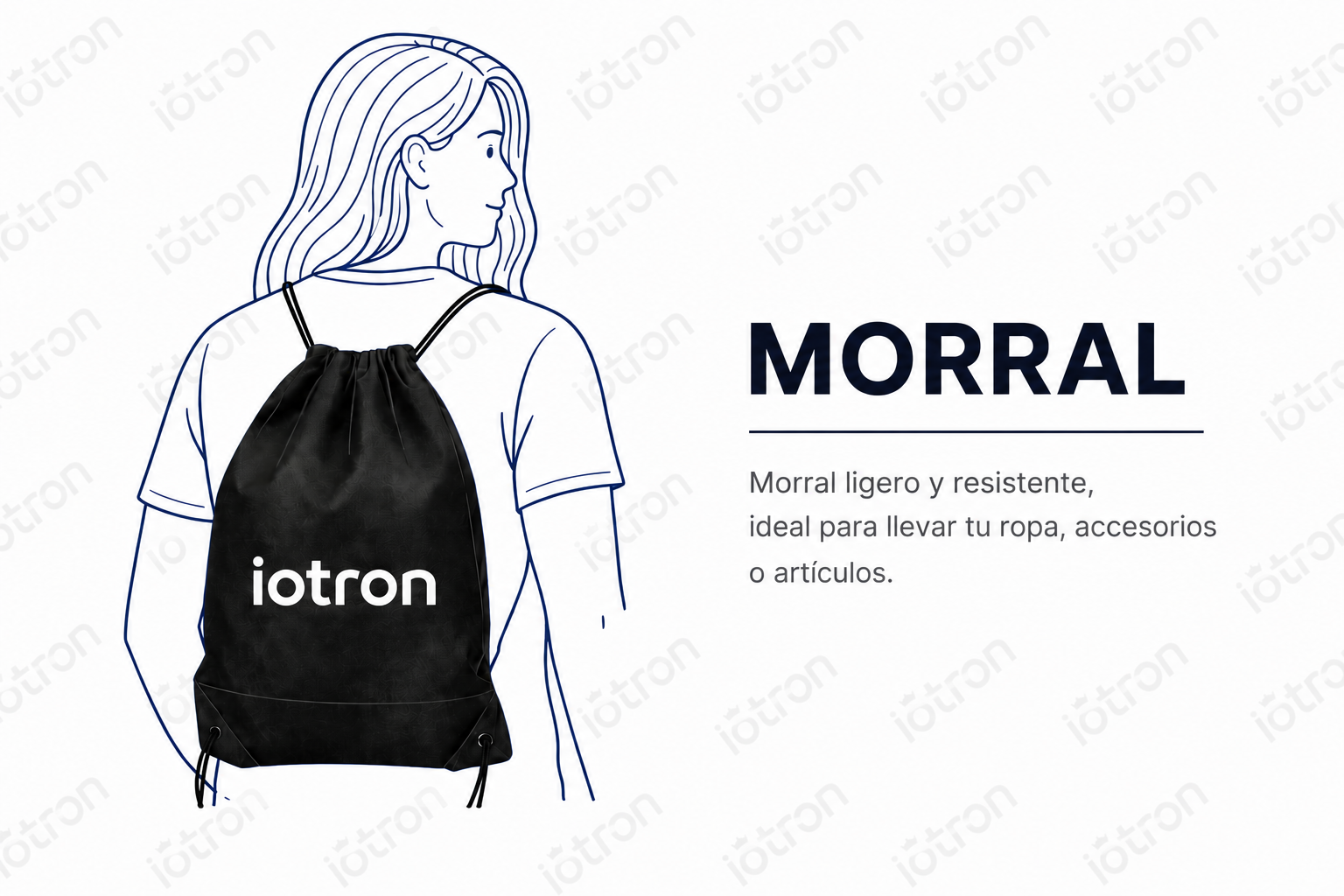 Ilustración de una persona de espaldas con un morral negro de cuerdas y el logotipo iotron; a la derecha, título MORRAL y texto descriptivo en español.