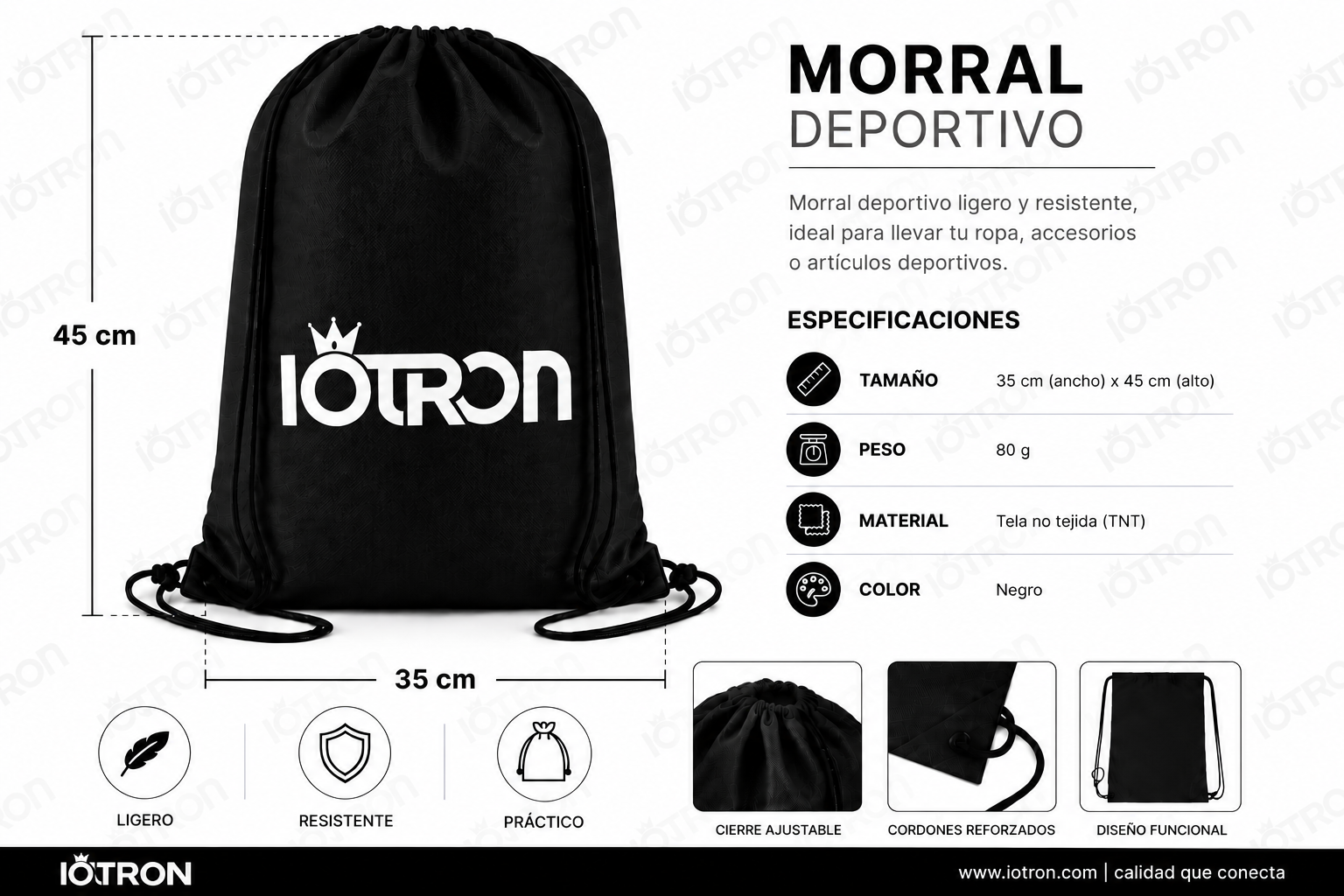 Black drawstring sports backpack with white logo, 45 cm tall and 35 cm wide (infographic dimensions).