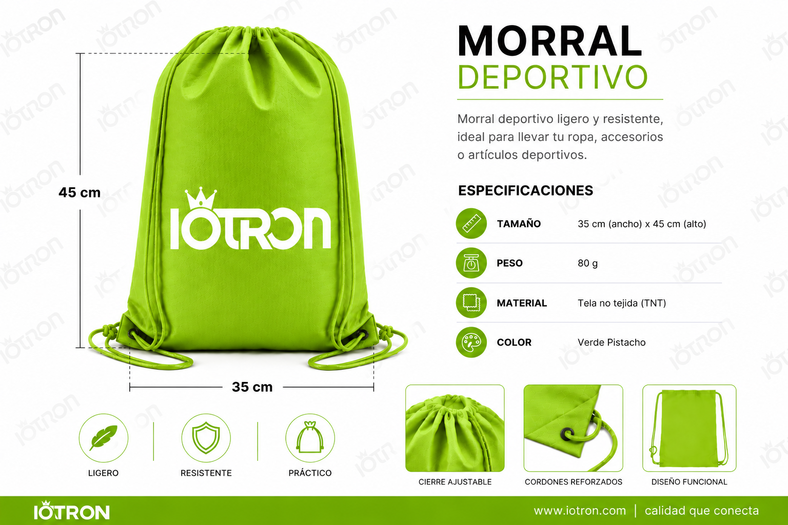 Green drawstring gym bag with montaje y especificaciones: tamaño 35x45 cm, pesa 80 g, material TNT, color verde pistacho.
