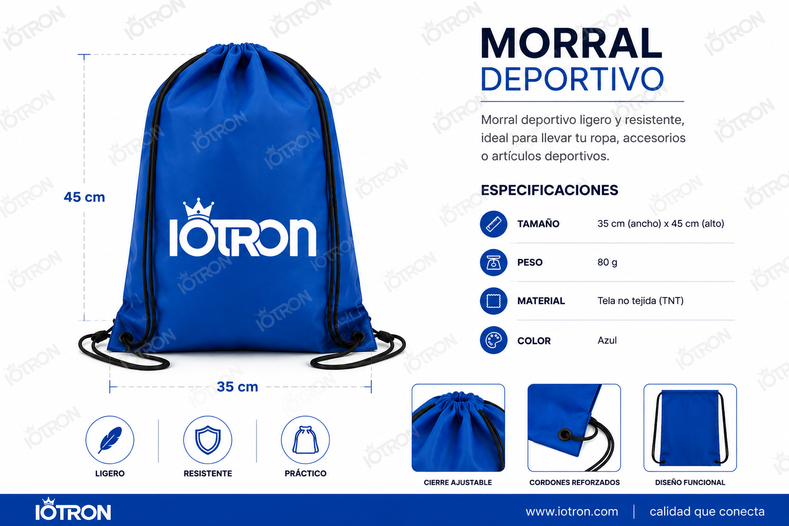 Blue drawstring bag with IÓTRON logo and crown, dimensions 35 cm wide by 45 cm high (product infographic). The right side shows specs for size, weight, material and color.
