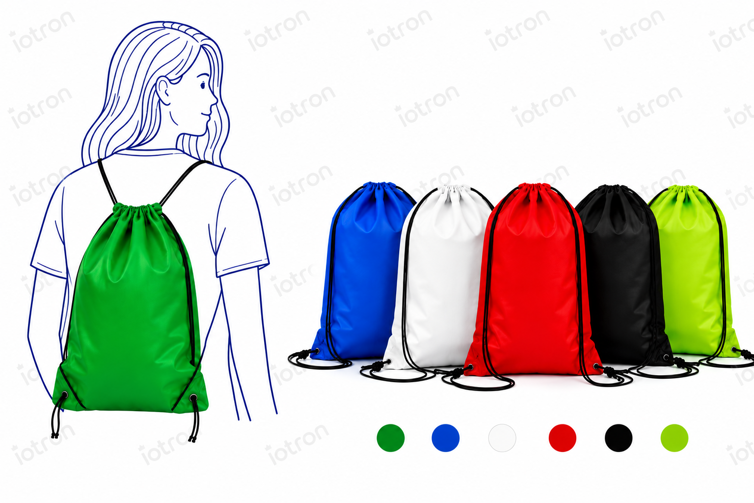 Illustration of a person wearing a bright green drawstring backpack; color swatches for blue, white, red, black, and lime green bags line up in front.