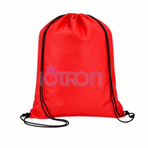 Red drawstring backpack with black cords, front view on a white background.