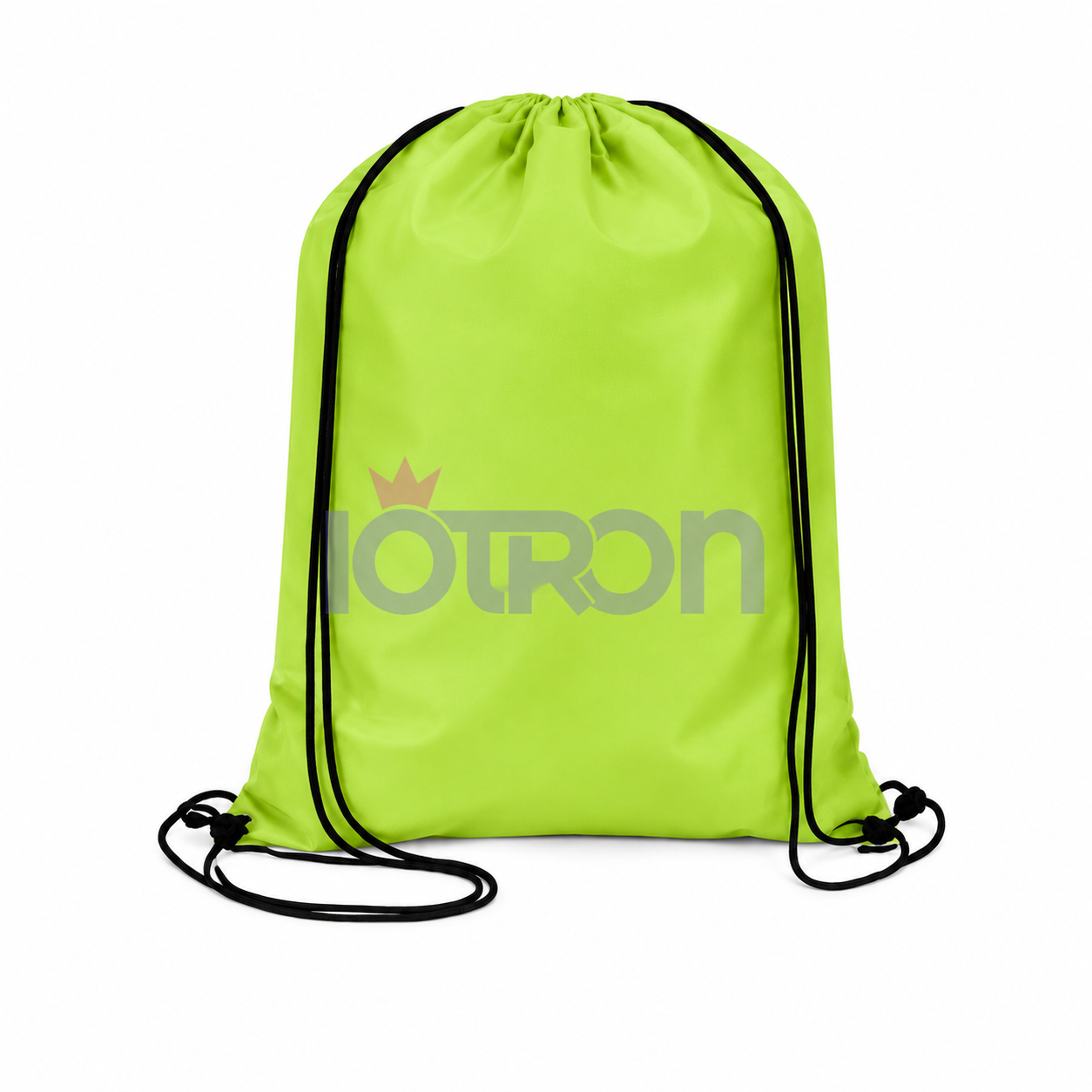 Bright lime-green drawstring backpack with black cords, front view on white background.