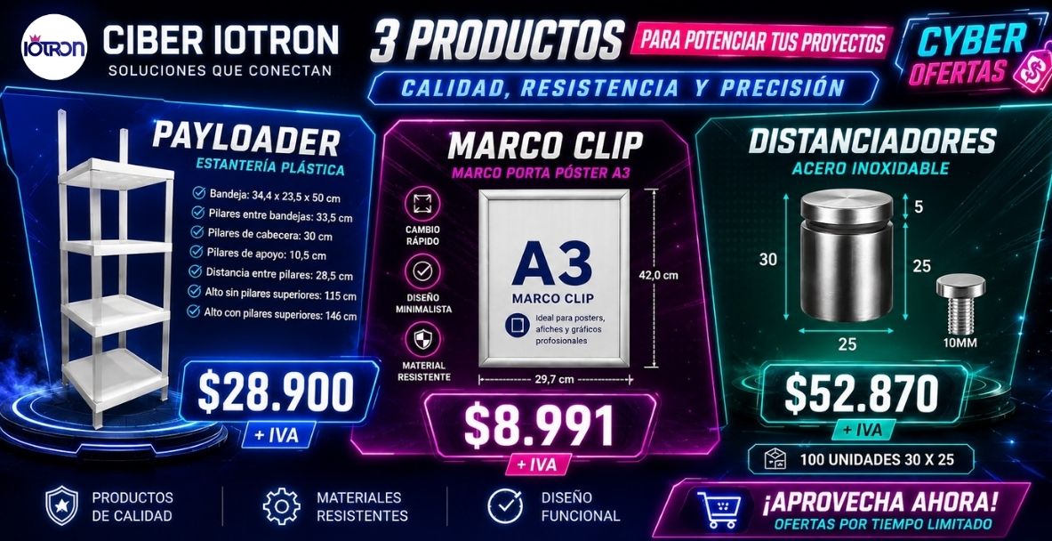 Banner publicitario en español: tres productos para proyectos: estantería de plástico, marco para imprimir A3 y distanciadores de acero inoxidable con precios visibles.
