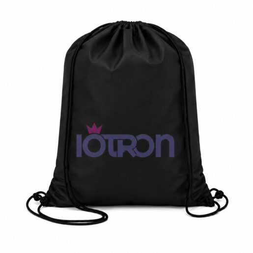 Black drawstring backpack featuring a purple 'IOTRON' logo with a pink crown accent on the left.