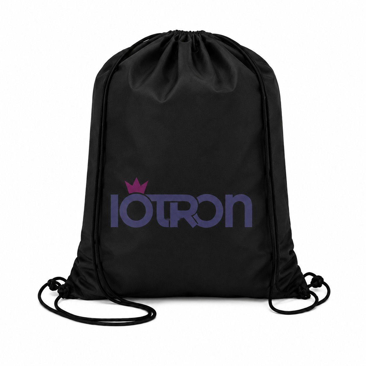 Black drawstring backpack featuring a purple 'IOTRON' logo with a pink crown accent on the left.