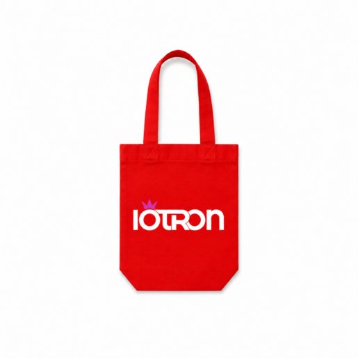 Red tote bag featuring a white logo with a purple crown above the text.