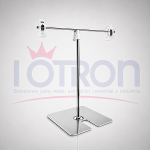 Soporte T Metálico con Pinzas Acrílicas para exhibición de precios, promociones y señalización en retail.