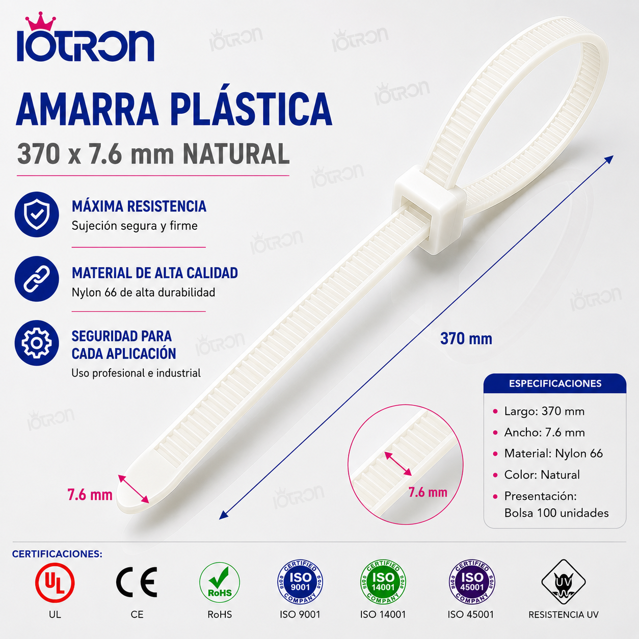 Amarra Plástica 370x7.6mm Natural Bolsa100 - Imagen 2