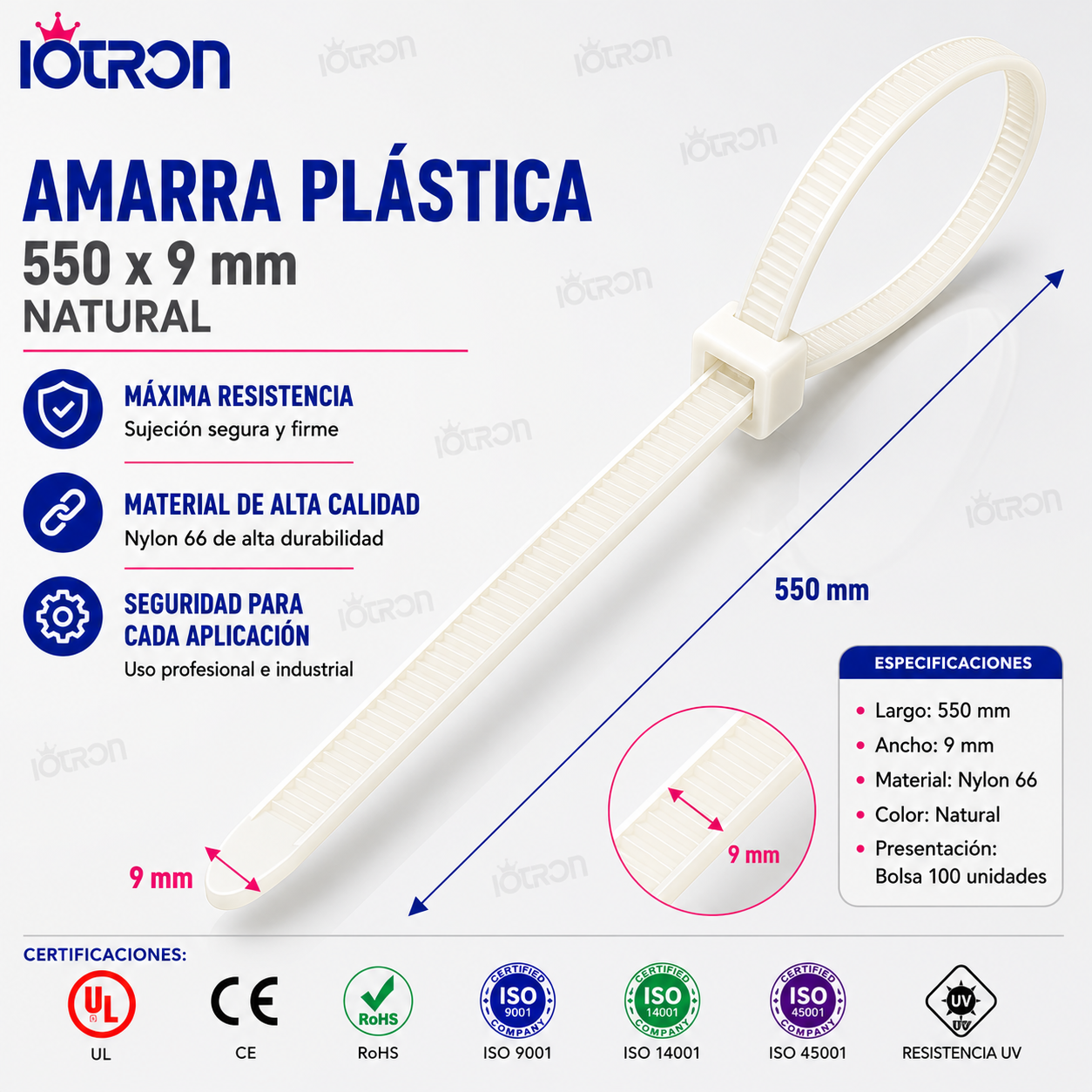 Medidas de amarra plástica 550 × 9 mm natural de Nylon 66 IOTRON.