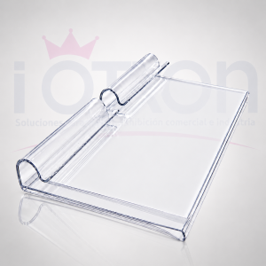 Porta precio transparente 42×80 mm para panel ranurado, ideal para exhibición de precios en góndolas y estanterías.