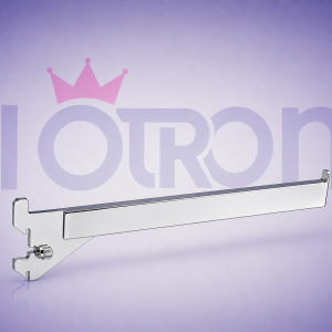 Brazo frontal cromado de 30 cm compatible con Sistema Magna para exhibición de productos en tiendas y retail.