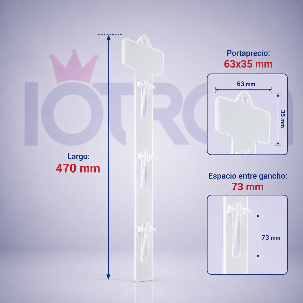 Ganchera plástica de 6 posiciones con porta precio, medidas 470 mm de largo, separación entre ganchos de 73 mm y porta precio de 63 x 35 mm