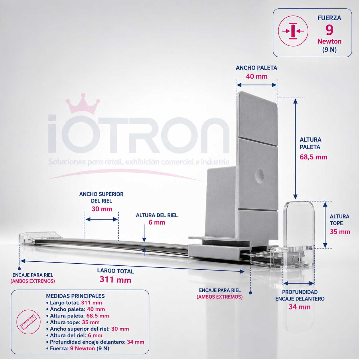 Pusher plástico PUS306A 9N con medidas 311 mm IOTRON