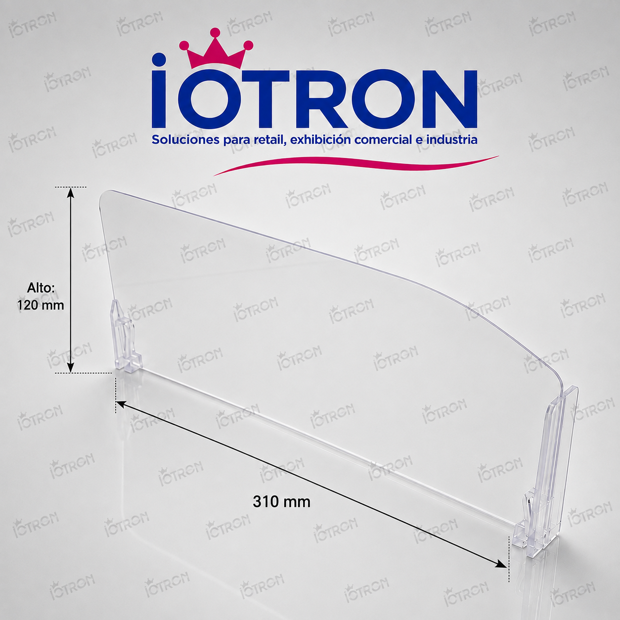 Separador acrílico tipo T 120 transparente con medidas 310 mm de largo y 120 mm de alto